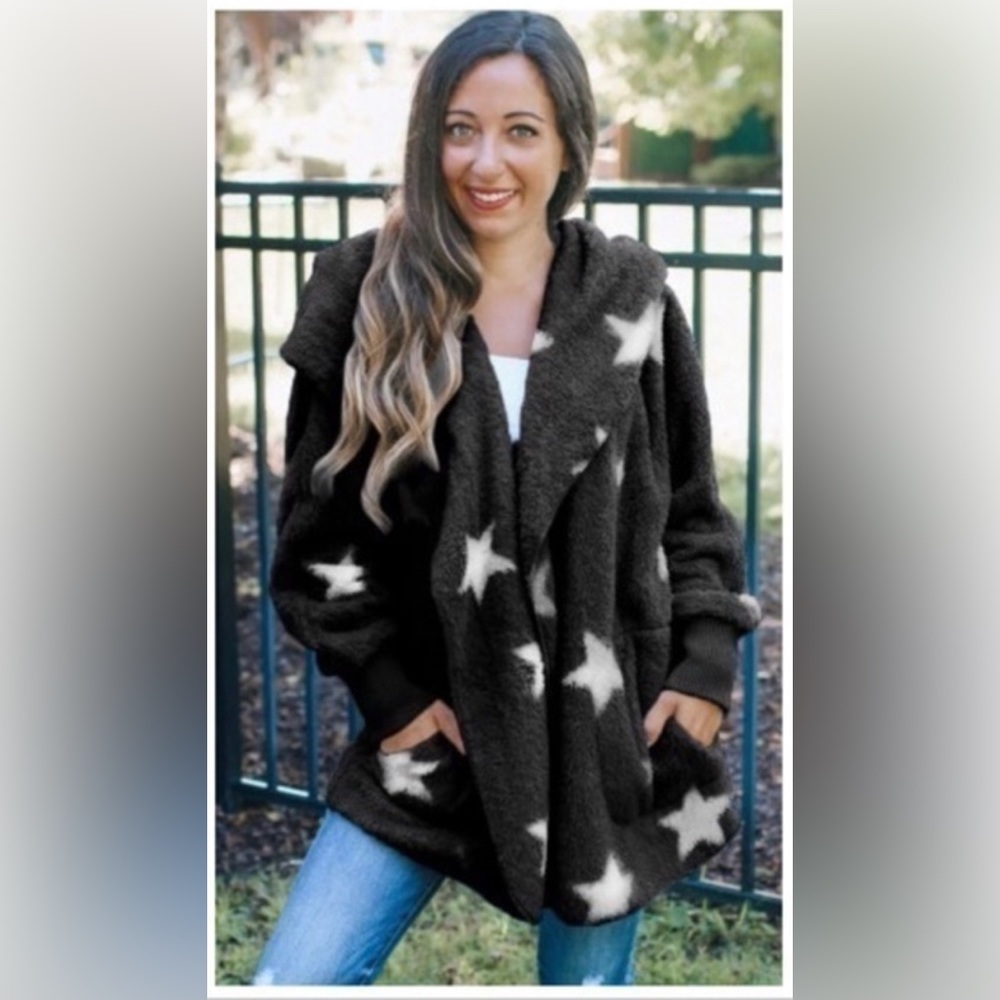 star fleece relaxed fit oversided jacket hooded front pockets draped fit